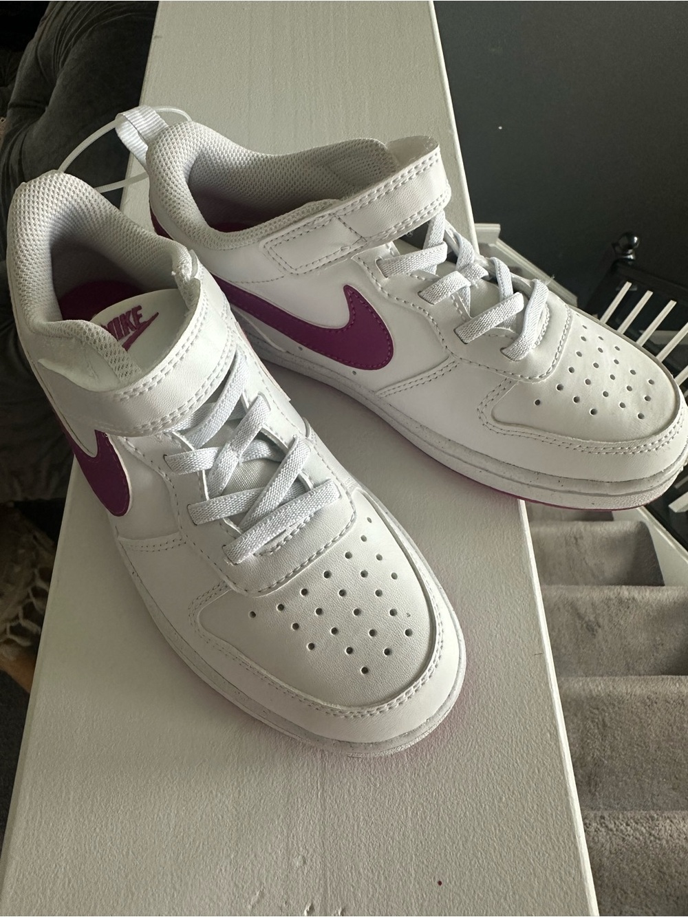 Nike Kids White Sneakers with Purple Swoosh